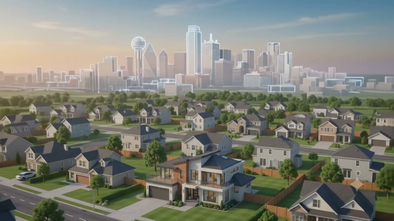 Pest control technician treating a DFW home, Dallas skyline behind